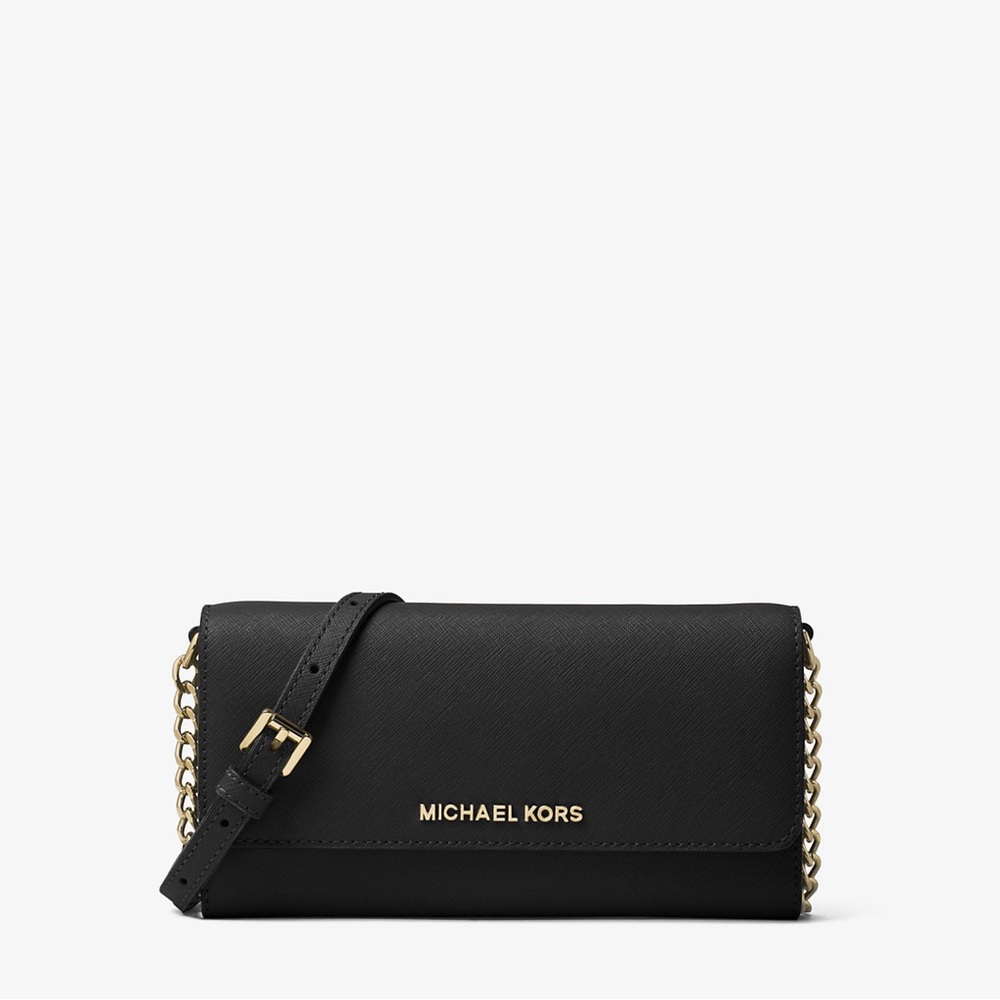 Used Once Michael Kors Jet Set Travel Saffiano Leather Chain Wallet Black